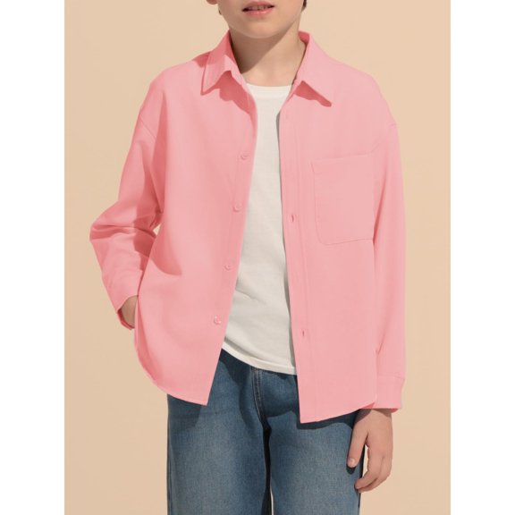 Boys Back to School Uniform Collared Long Sleeve Button Down Solid T Shirts Active Preppy Breathable Quick Dry Dress Shirts, 120
