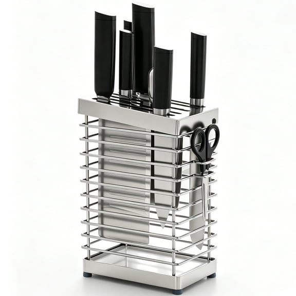 Pethiy Stainless Steel Knife Block with 8 Slots & Scissors Holder, Hollow Ventilated Knife Storage Rack for Kitchen Countertop, Universal Knife Organizer with Drip Tray