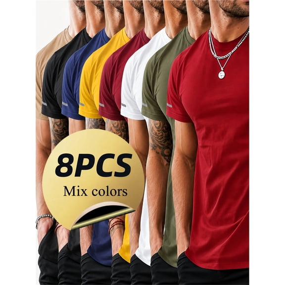 8pcs Men'S Quick-Dry Breathable Workout T-Shirts - Solid Color Crew Neck Short Sleeve Tees for Running, Gym & Outdoor Activities, Machine Washable Summer Activewear