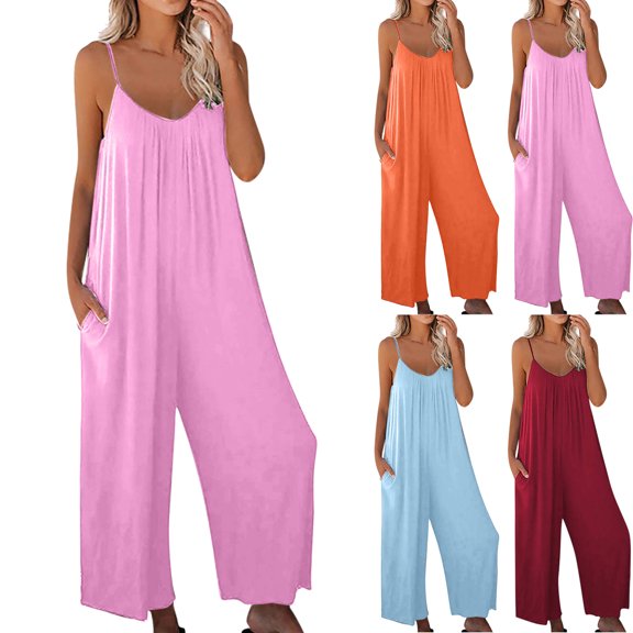 Summer Fashion Jumpsuits for Women Dressy Plus Size Solid Pocket Casual Sleeveless Suspender