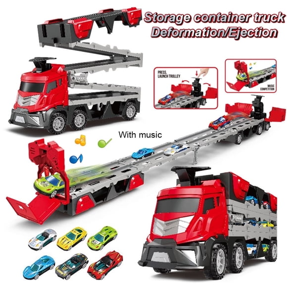 JUNWELL Mega Hauler Truck with Ejection Race Track Big Truck Folding Storage Race Track Deformation Catapult Truck Red Car Transporter Truck Toy Set Birthday Gift Kids Boys 3+