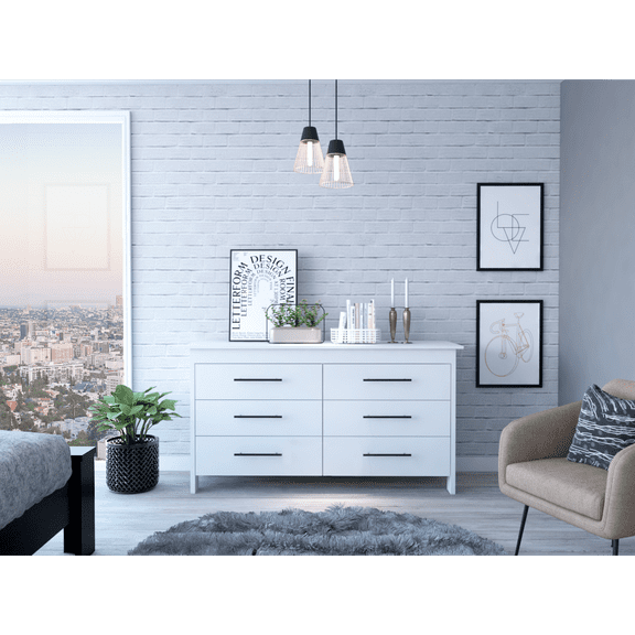Dressers Hms 6 Drawer Double Dresser, Four Legs, Superior Top -White,Chests Of Drawers