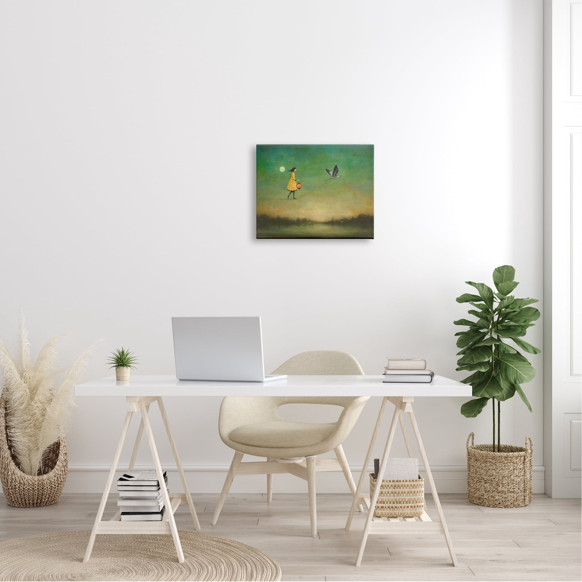 Girl Following Bird Yellow Dress Vivid Green Landscape Animals & Insects Painting Gallery-Wrapped Canvas Print Wall Art