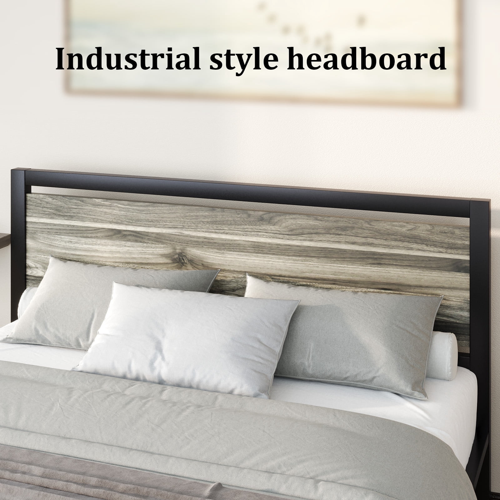 4 EVER WINNER Full Bed Frame with Headboard, Industrial Style Bed Frame Full Size, Full Size Bed Frame with Wooden Footboard, No Box Spring Needed, Noise-Free, Easy Assembly, Grey