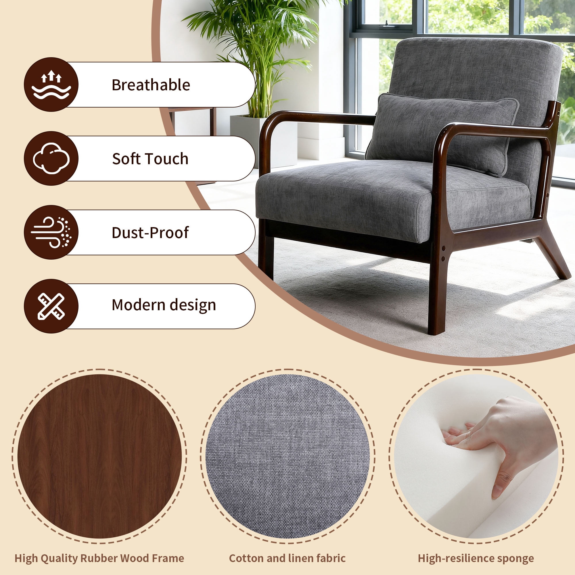 Mid Century Accent Chair with Solid Wood Frame, Upholstered Modern Reading Armchair with Lumbar Pillow, Comfy Lounge Chair for Living Room, Grey