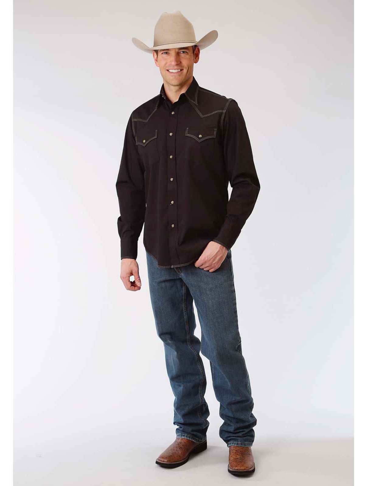 Roper 0060 Men's Long Sleeve Western Style Shirt Solid Poplin - Black ...