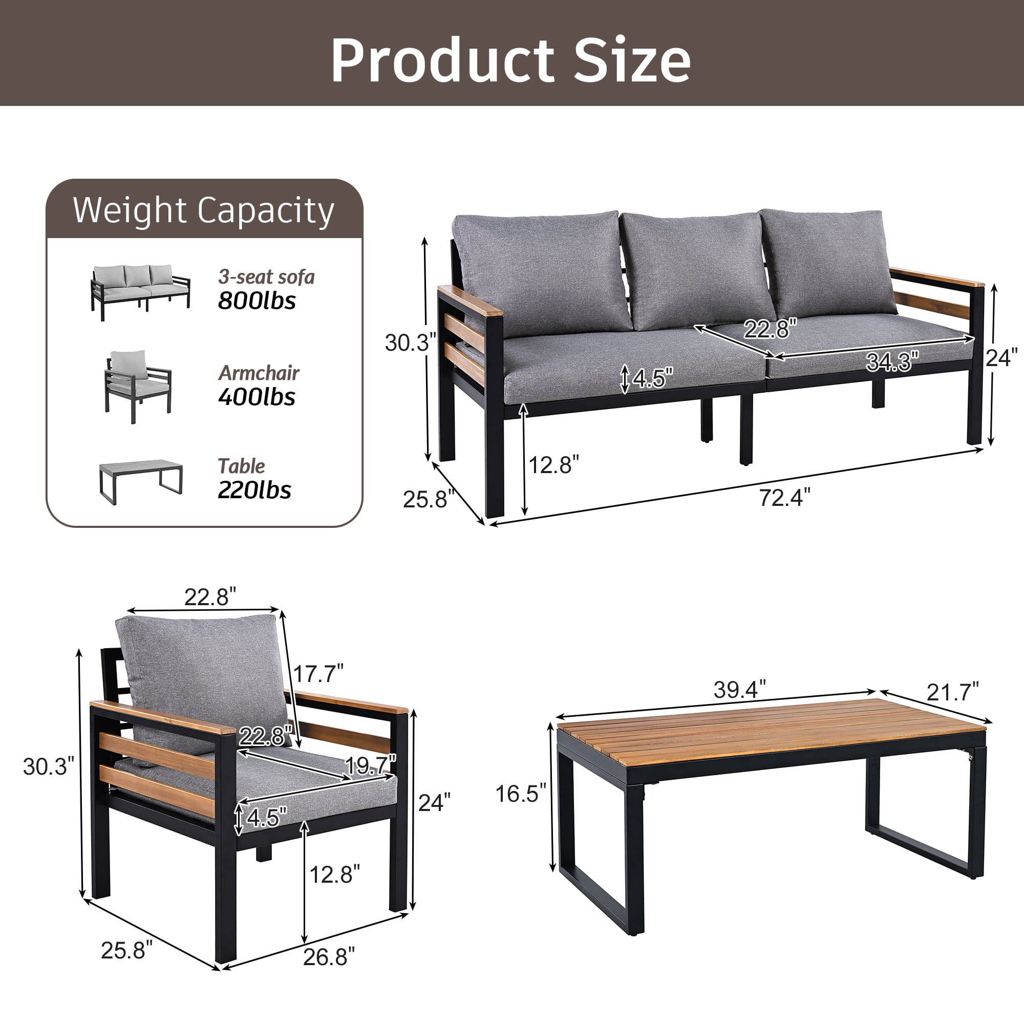 Leumius 4 Pieces Patio Furniture Set,Outdoor Patio Conversation Set with Removable Cushion and Solid Wood Coffee Table for Poolside, Backyard,Garden,Gray