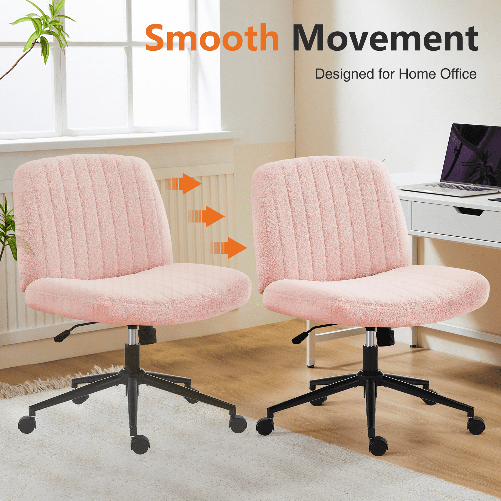 MAYEERTY Office Desk Vanity Chair Cross Legged Armless Swivel Fabric Height Adjustable Wide Seat with Replaceable Wheels/Fixed Base, Comfy Task Chair Padded