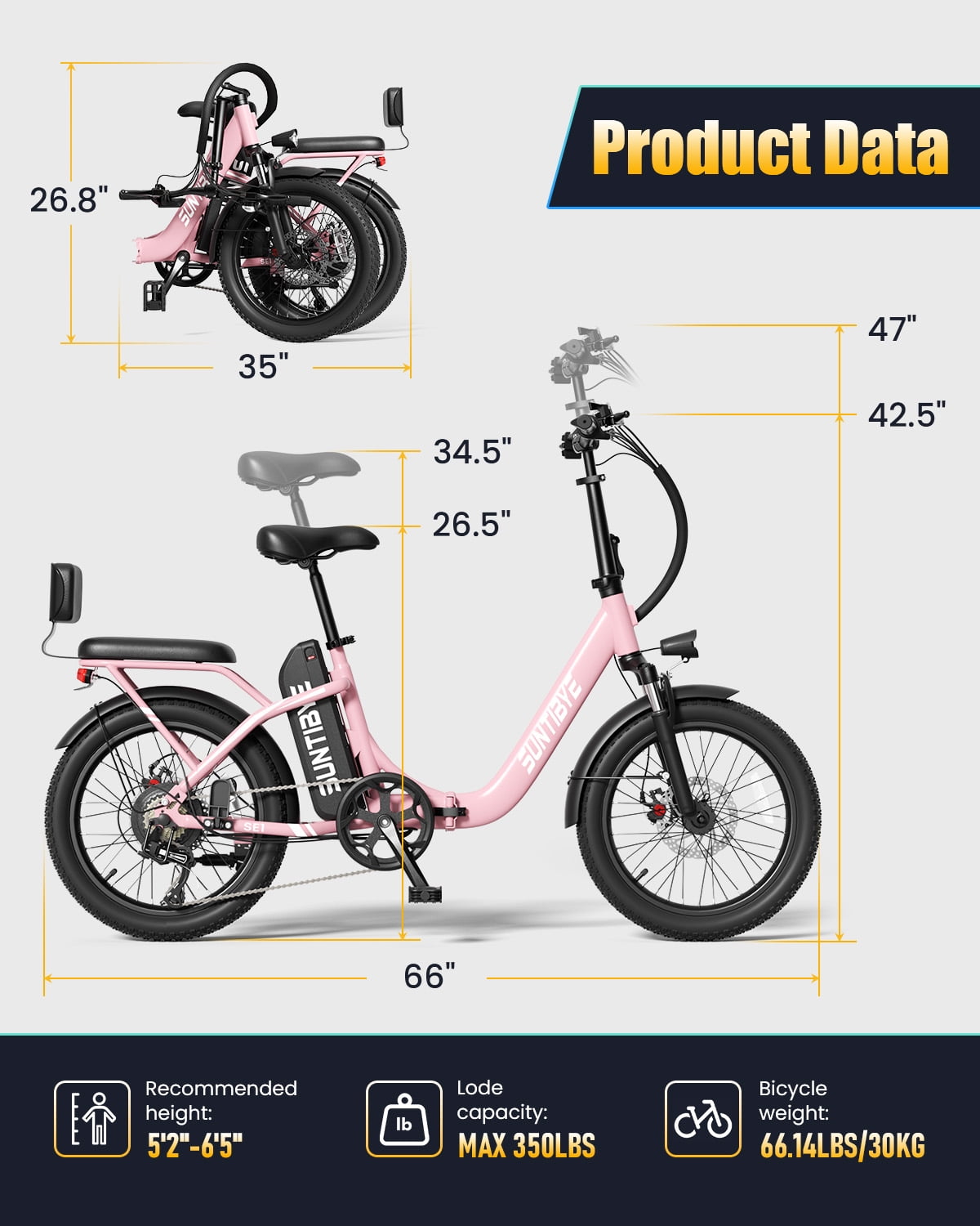 SE1 Folding Electric Bike 1000W 48V 15Ah, 20"x3.0" Commuter Ebike with Passenger Seat UL2849