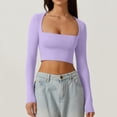 thumbnail image 4 of UJNDER Womens Square Neck Open Umbilical Top Long Sleeve Slim Fit Short T Shirt Crop Tops for Women Purple M, 4 of 7