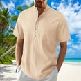 thumbnail image 2 of YLSDY Fashion Men's Casual Simple Hawaiian Shirt Beach Henley Short Sleeved Summer Hippie Button Down Cotton Linen T Shirts Tops Beige S, 2 of 8