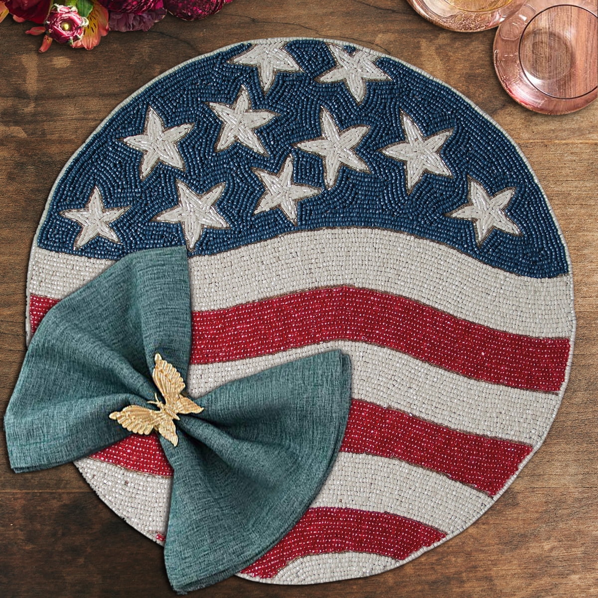American Flag Beaded Placemats Set of 8 - 4th of July Patriotic Freedom Stars Independence and Memorial Day Heat Stain Resistant Table Place Mats for Kitchen Dining Table Home Decor - 14 Inches