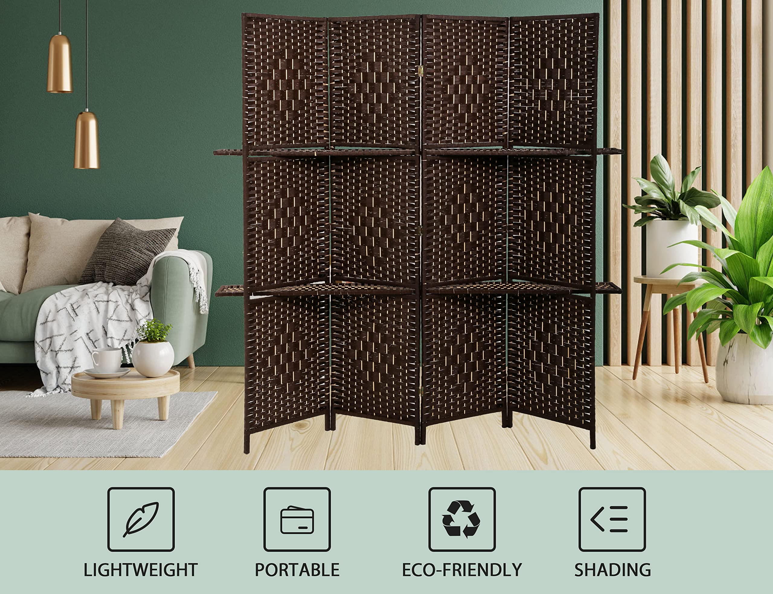 CL.HPAHKL 4 Panel Folding Wooden Room Divider, 5.88ft Tall Partition Screen with Removable Storage Shelves, Freestanding Portable Wall for Home Office Dorm Hotel, Brown
