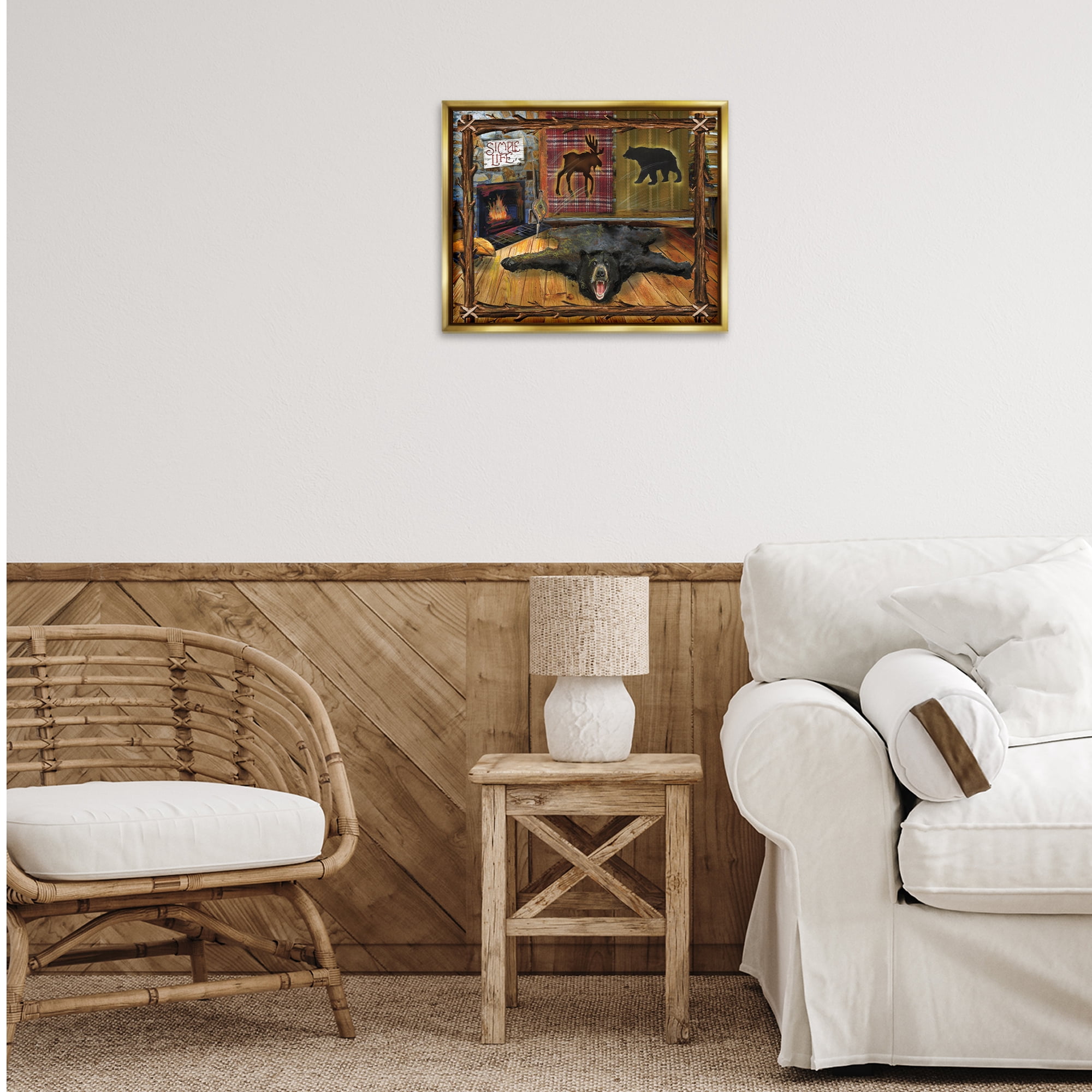 Stupell Industries Rustic Cabin Interior Animals & Insects Painting Gold Floater Framed Art Print Wall Art, 21 x 17