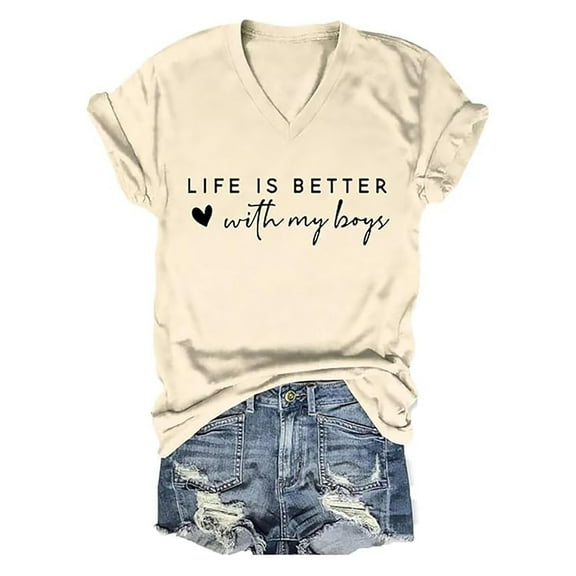 Delayuji Summer V Neck Short Sleeved Life Is Better with My Alphabet T Shirt Black L Polyester,Spandex Short Sleeve Shirts for Women