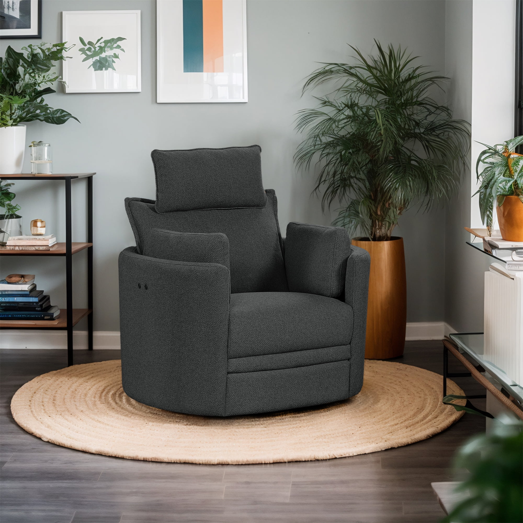 Cozy Soft Light Grey Swivel Power Recliner with Adjustable Headrest and Footrest