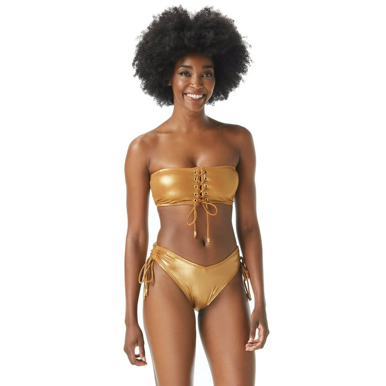 Women's Vince Camuto V02730 Gold Shimmer Shirred Bikini Swim Bottom (Gold  M) 
