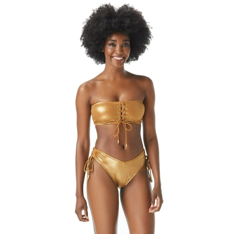 Women's Vince Camuto V02730 Gold Shimmer Shirred Bikini Swim Bottom (Gold  M) 