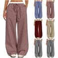 thumbnail image 2 of Smaickrr Athletic Pants for Women Drawstring Elastic Waist Pants Wide Leg Loose Trousers Splicing Checkered Pants, 2 of 7