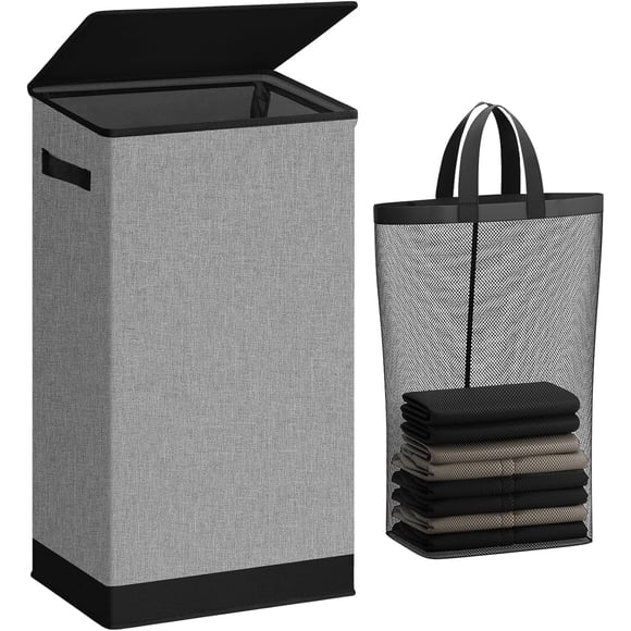Cesto de ropa SOLEDI, 100 L, grande y alto, con tapa y bolsa, color gris