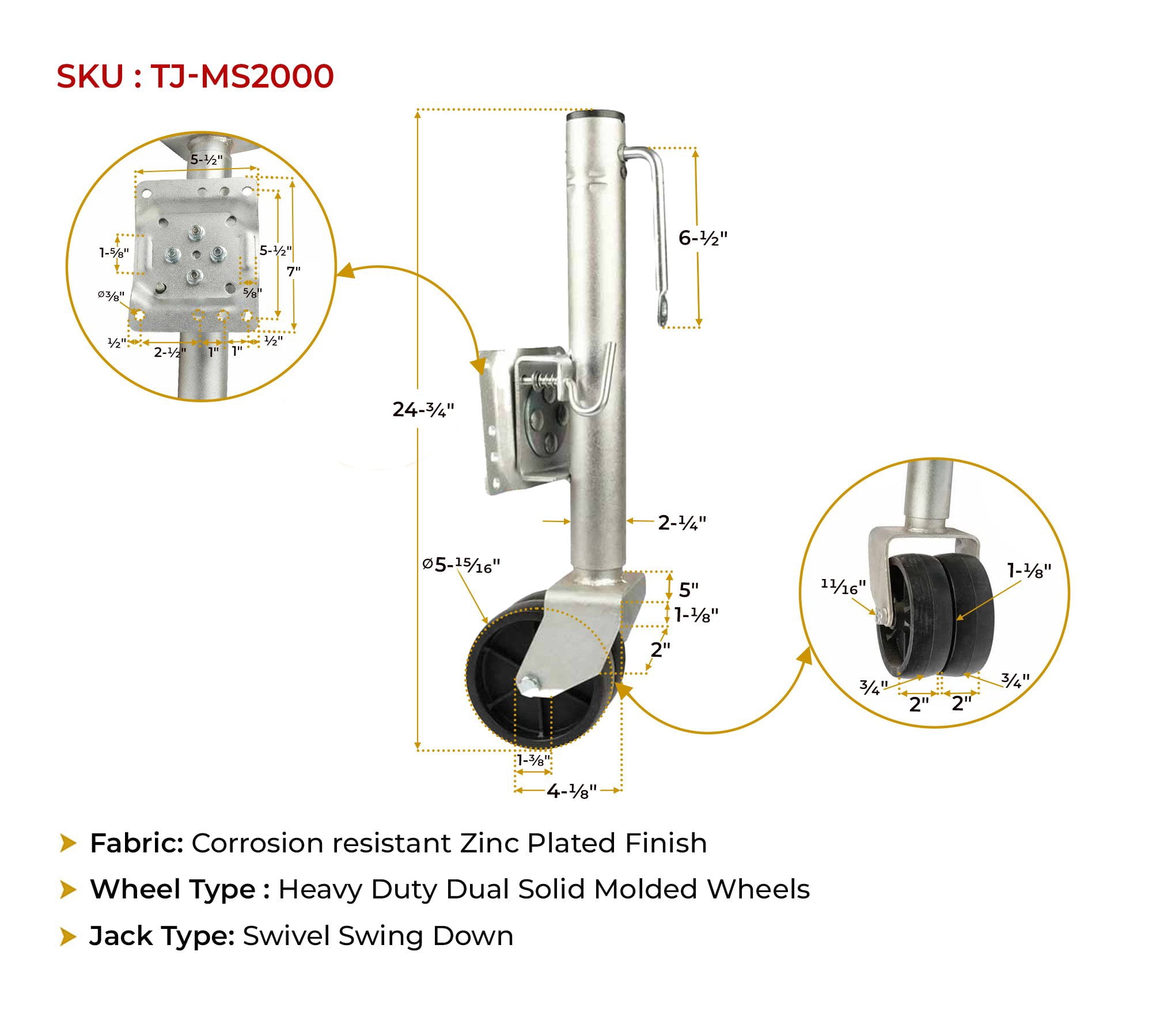 2000 lbs Heavy Duty Swivel Boat Trailer Jack with Dual Wheel – 13" Lift Bolt-On Boat Tongue Jack for RV Boat, Utility & Marine Trailers – Easy Jacking & Maneuvering