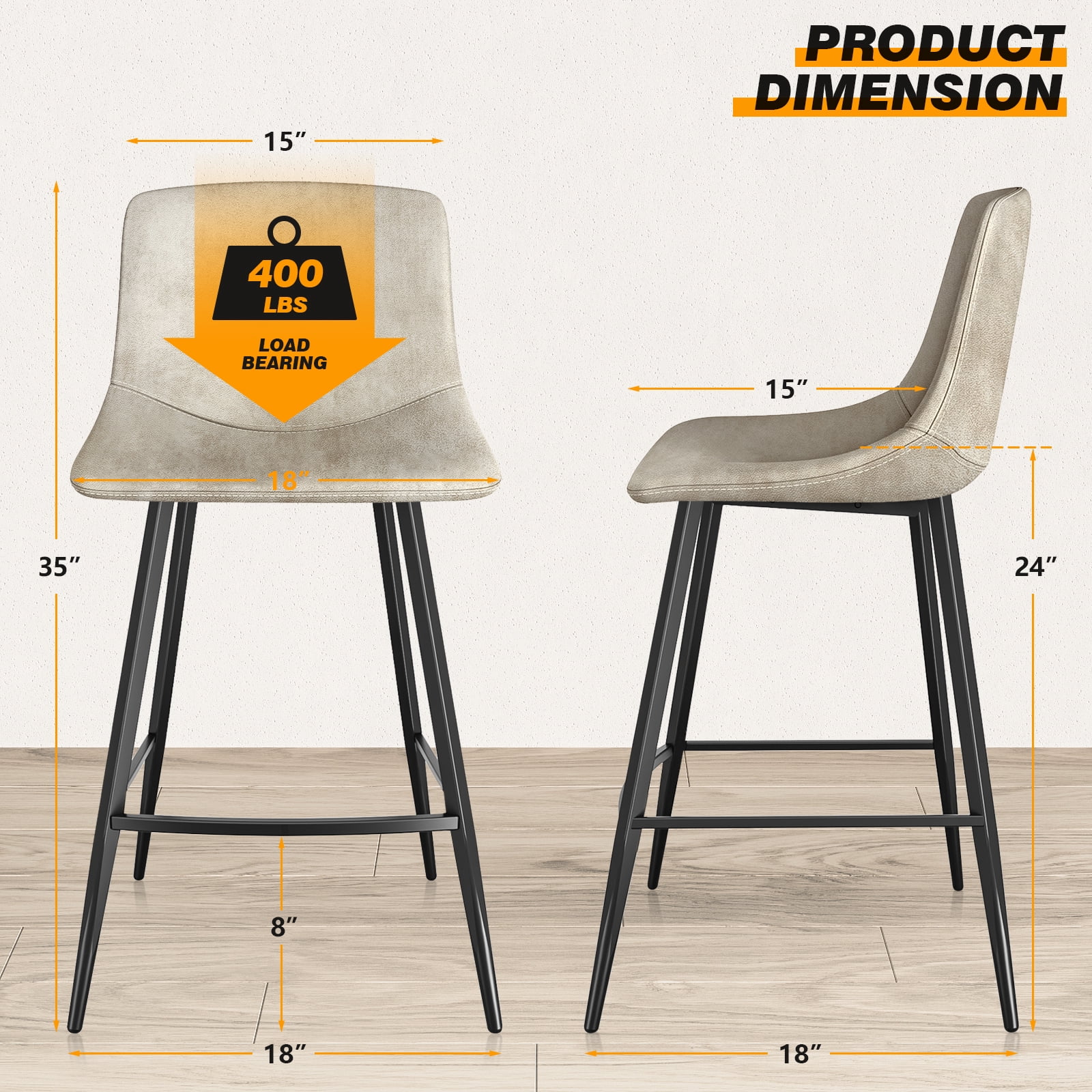 24" Tech Cloth Counter Height Bar Stools with Backs, Beige, Set of 4