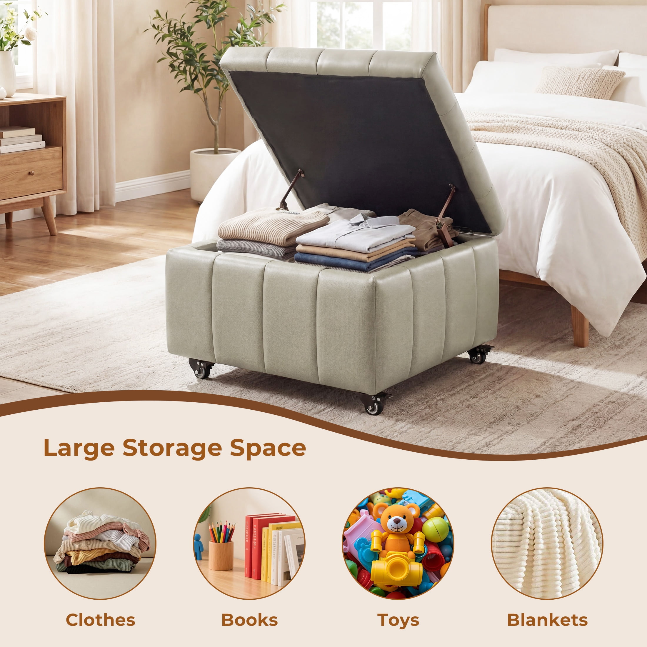 Poshby Square Faux Leather Storage Ottoman, Coffee Table Footrest Stool with Pulley Legs for Living Room or Bedroom, Grey