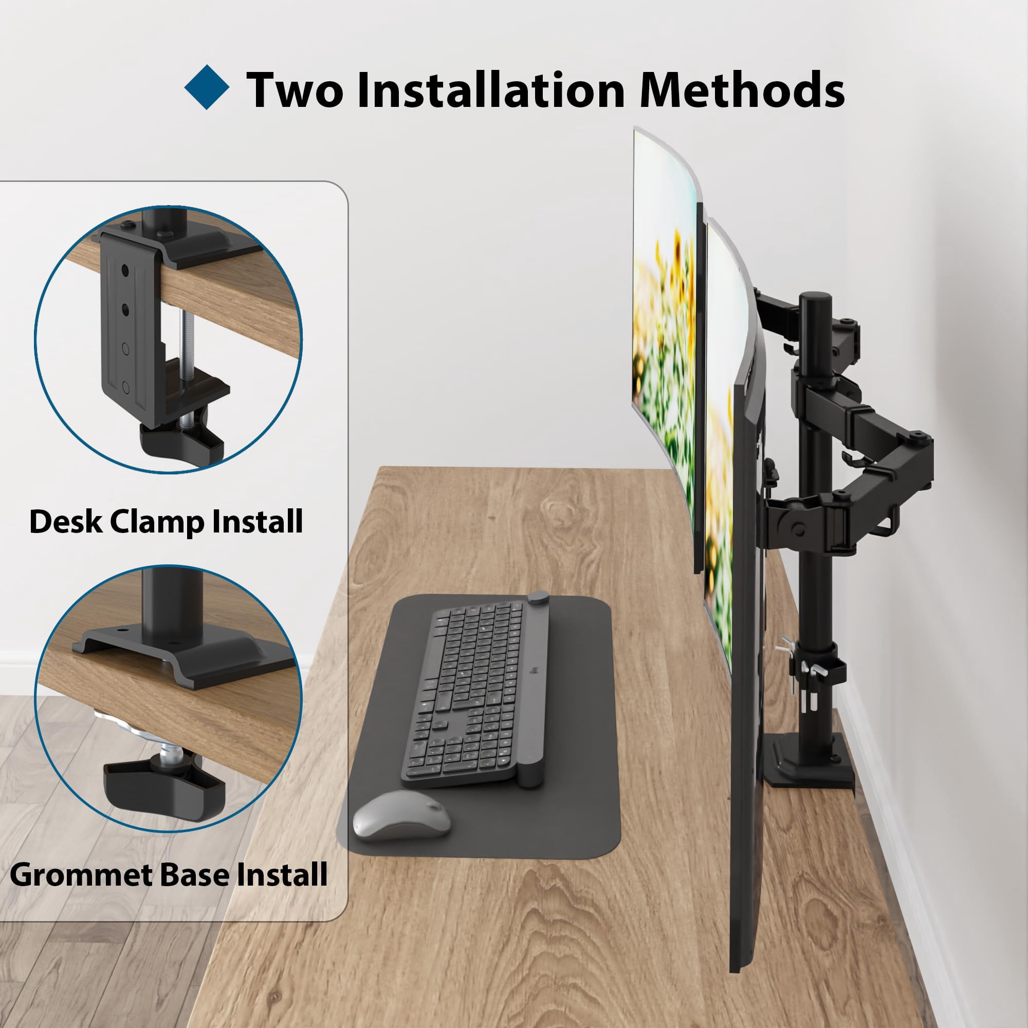 BONTEC Dual Monitor Desk Mount, Full Motion Adjustable Monitor Stand for 13–27 Inch Screens, Heavy Duty Arms Hold Up to 22 lbs Each, VESA 75x75/100x100 mm, C Clamp and Grommet Base, Cable Management