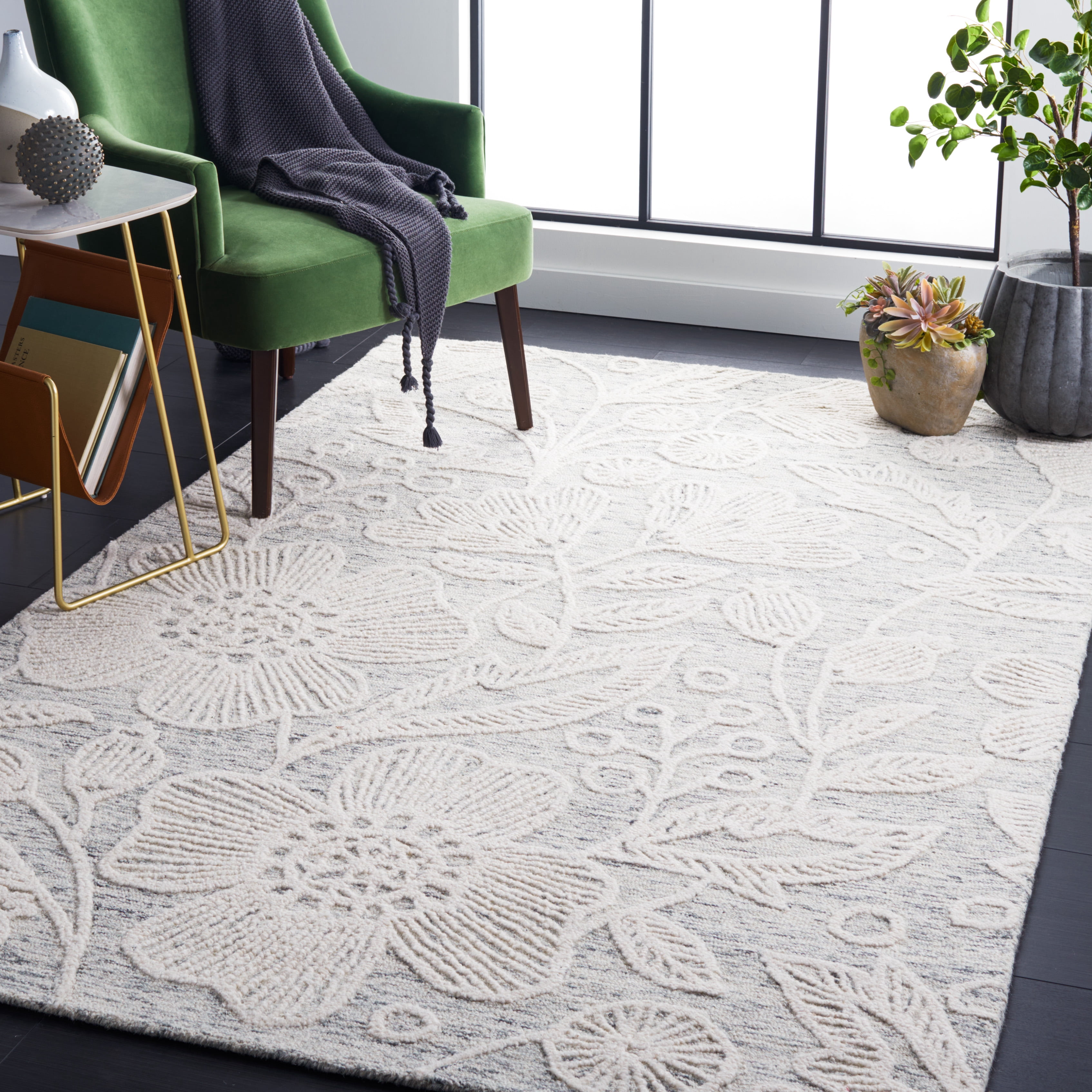 SAFAVIEH Jardin Natalie Floral Wool Area Rug, Gray/Ivory, 6' x 6' Square