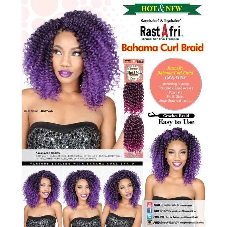 RastAfri Bahama Curl Crochet Braid Hair, 2 PACK, Color 1B/Purple