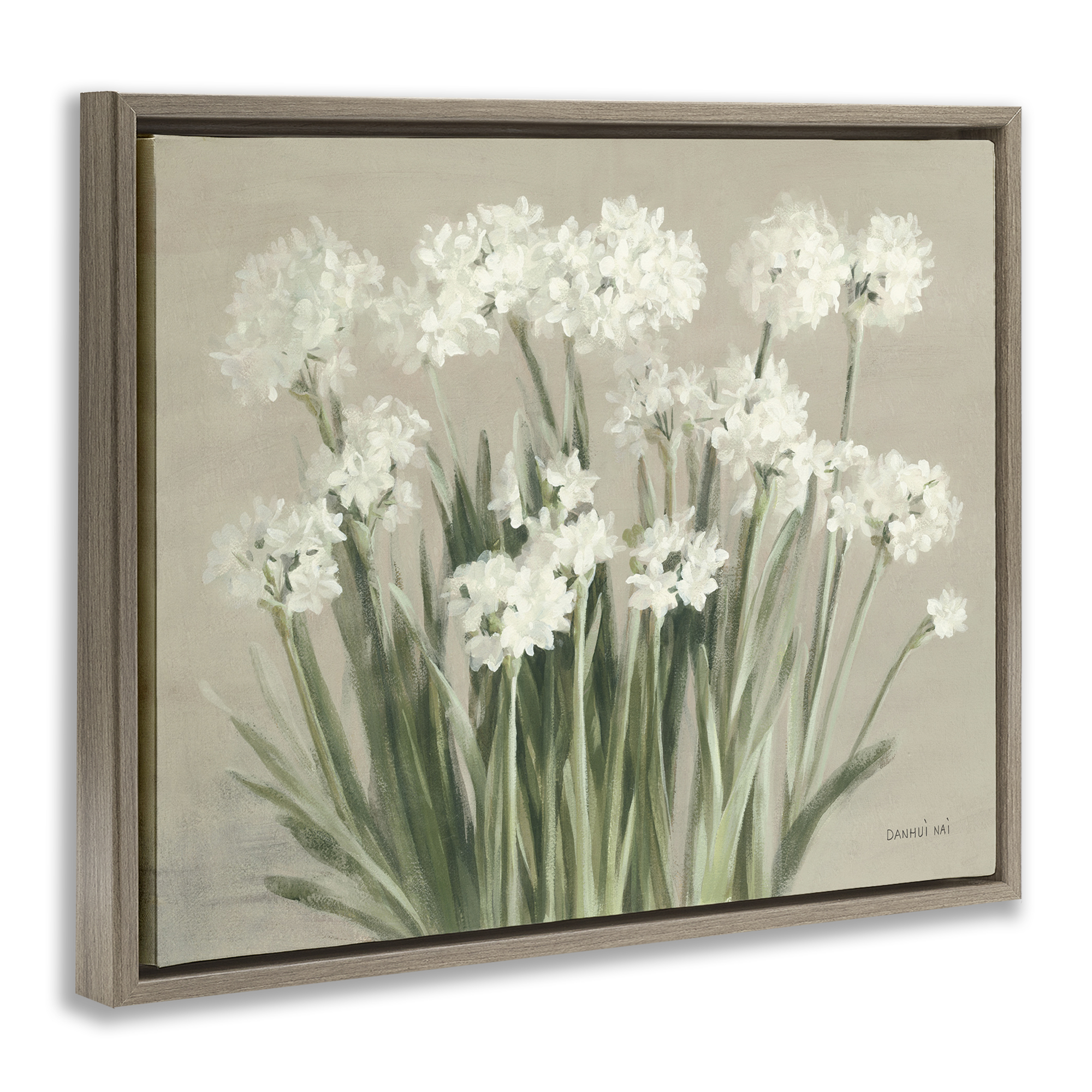 Stupell Industries Snowy Floral Paperwhites Botanical & Floral Painting Brown Floater Framed Art Print Wall Art, 21 x 17