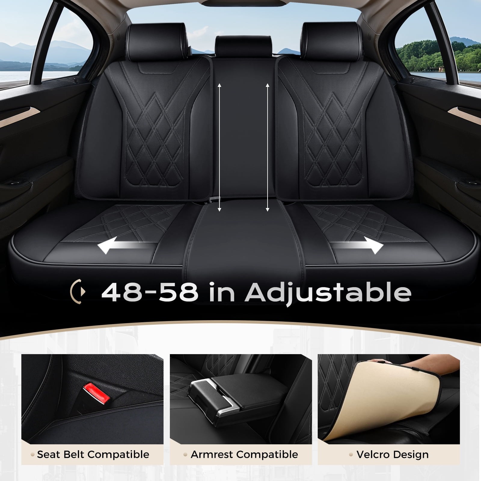 Coverado Full Set Covers For Cars, Waterproof Faux Leather Front and Rear Seat Protectors, Auto Cushions Universal Fit for Most Cars, Black