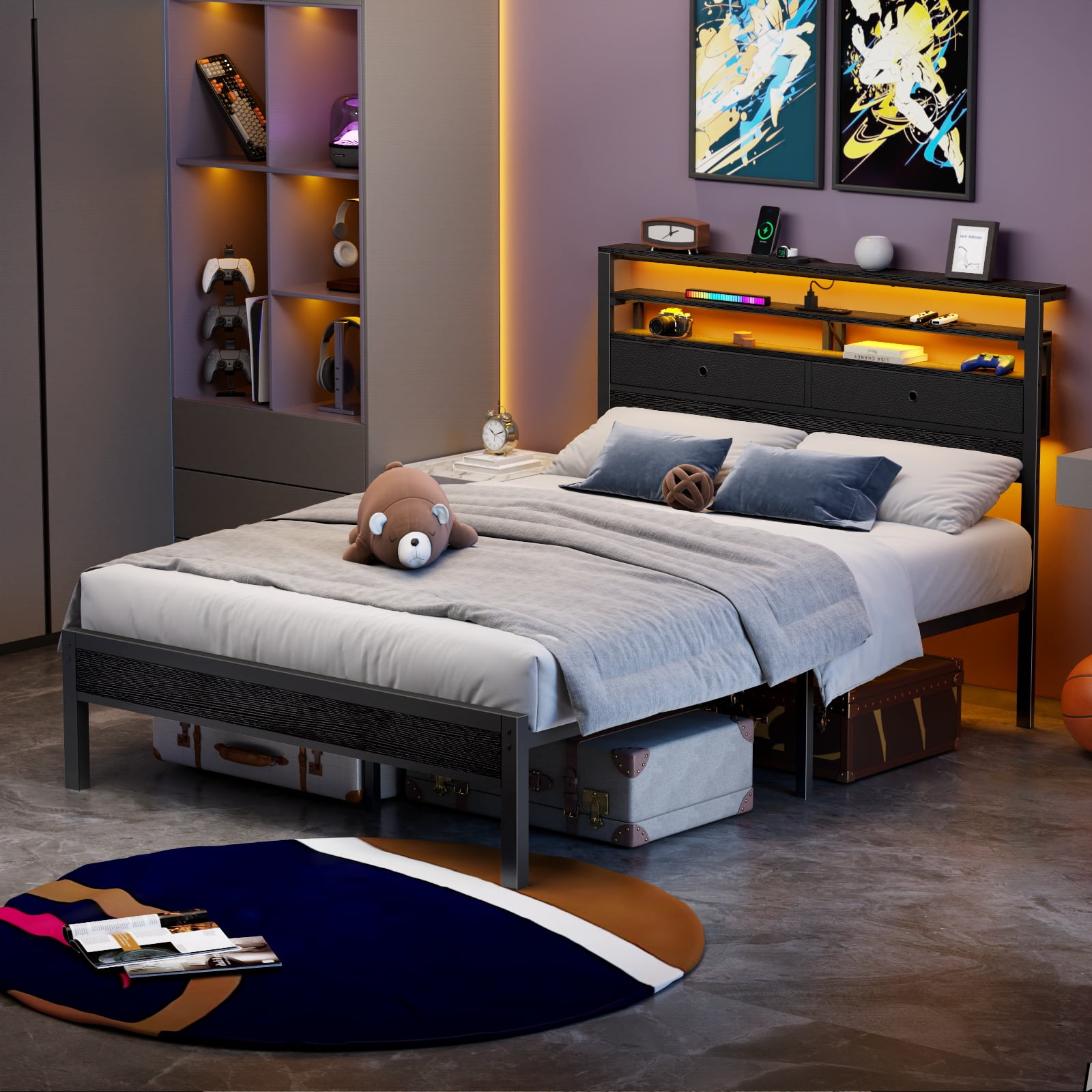 Dyzmo Full Size Bed Frame with Charging Station Storage Headboard Under Bed Storage Space, LED Platform Bed with High Headboard and Wooden Slats, No Box Spring Needed