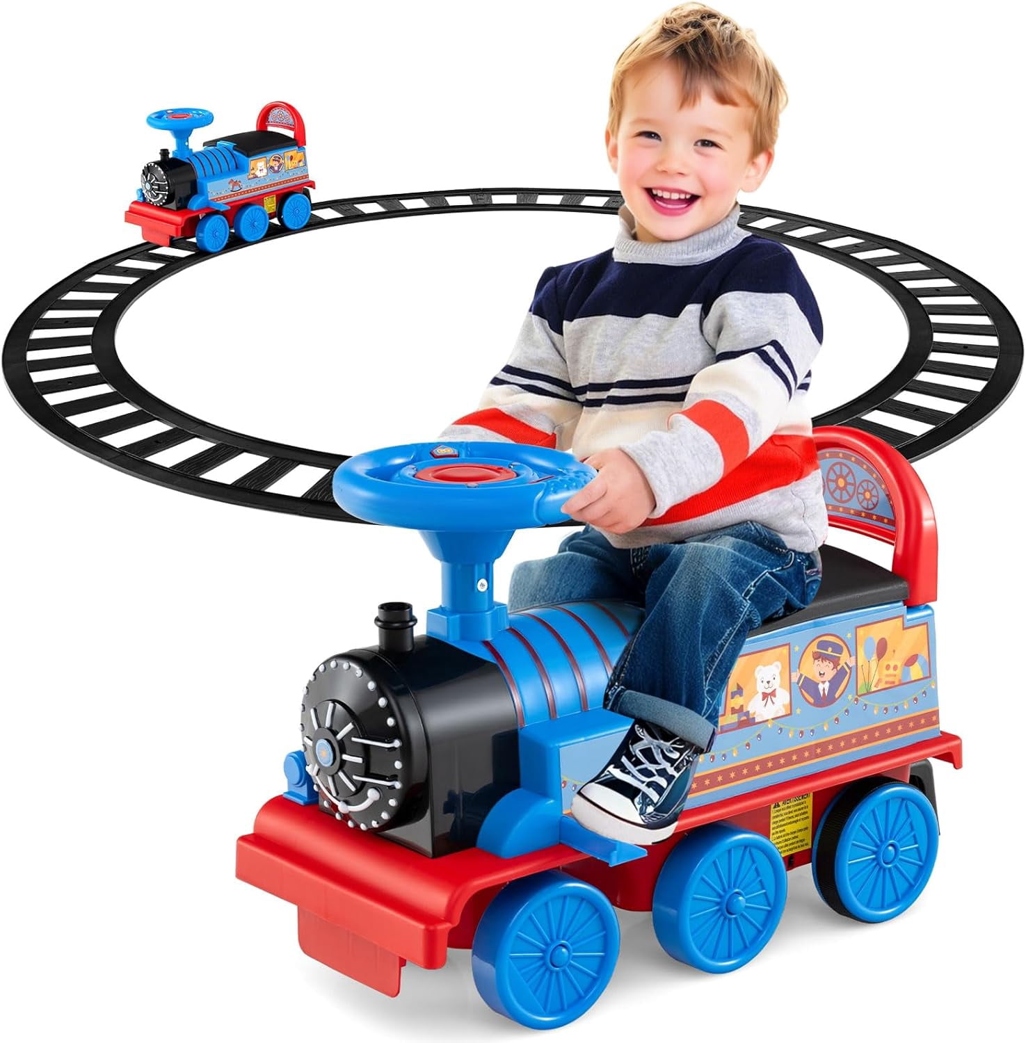 OLAKIDS Kids Ride On Train with Track, 6V Electric Toy with Lights and ...