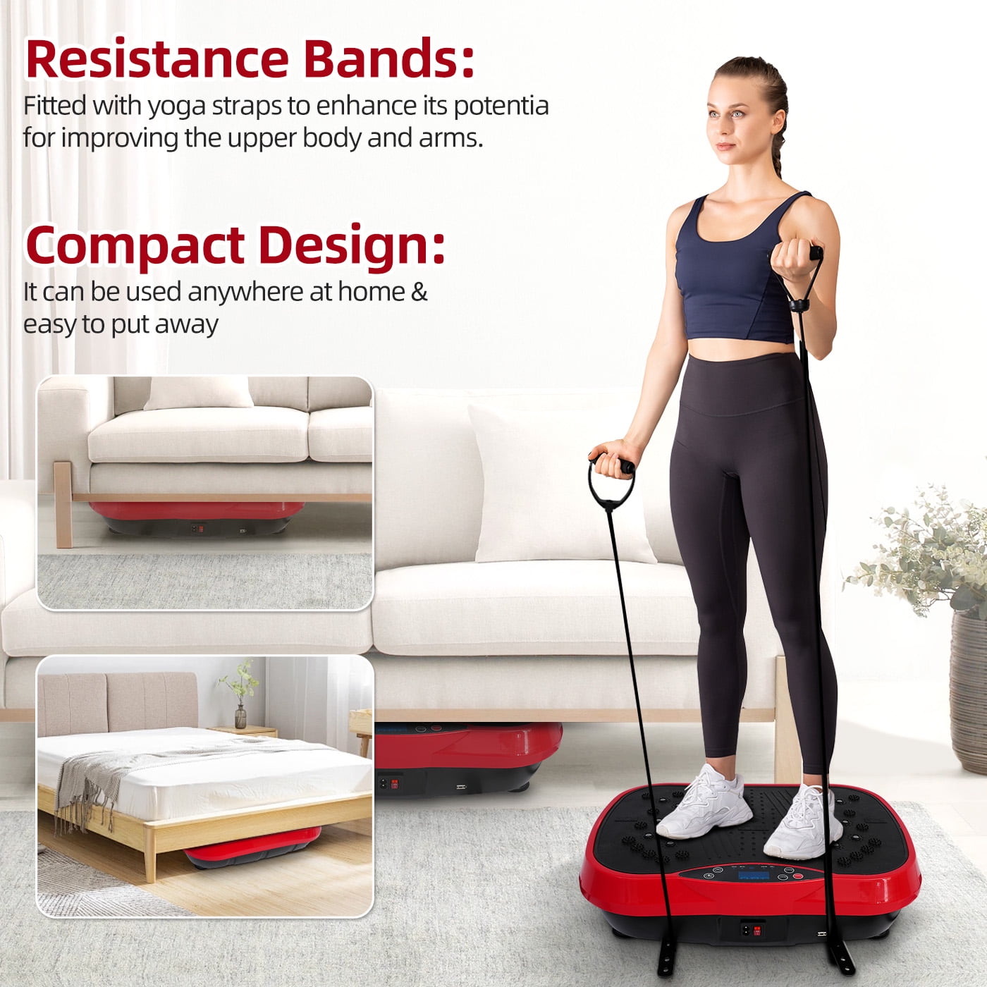 RICAN Vibration Plate Exercise Machine, Vibrating Board, Full Body Workout Platform with Loop Bands & Remote Control for Weight Loss Fat Burner, Red