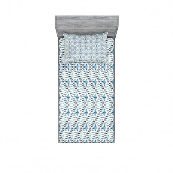 Geometric Bedding Set with Sheet & Covers, Mosiac Ornament with Hand Drawn Squares Pattern Checkered Grid Design, Printed Bedroom Decor 2 Shams, 4 Sizes, Blue Pale Blue Black, by Ambesonne