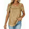 thumbnail image 2 of Glitter Sequined Tops Womens Sparkly Sequin Evening Dressy Blouses Short Sleeve Cold Shoulder Party Shirts (M, Gold), 2 of 7