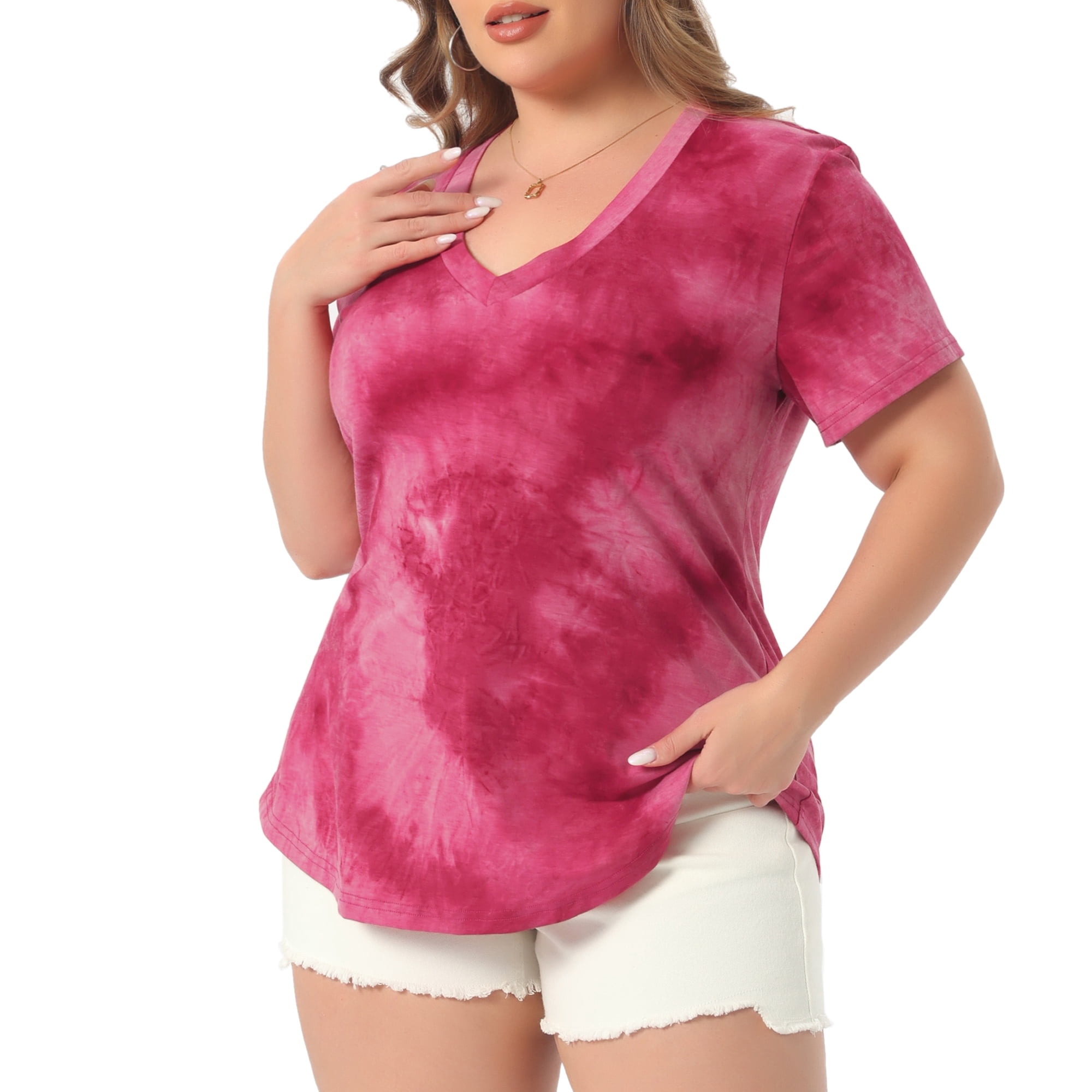 DARING DIVA Women's Plus Size V Neck Short Sleeve Tie Dye Tunic Top 2X Burgundy