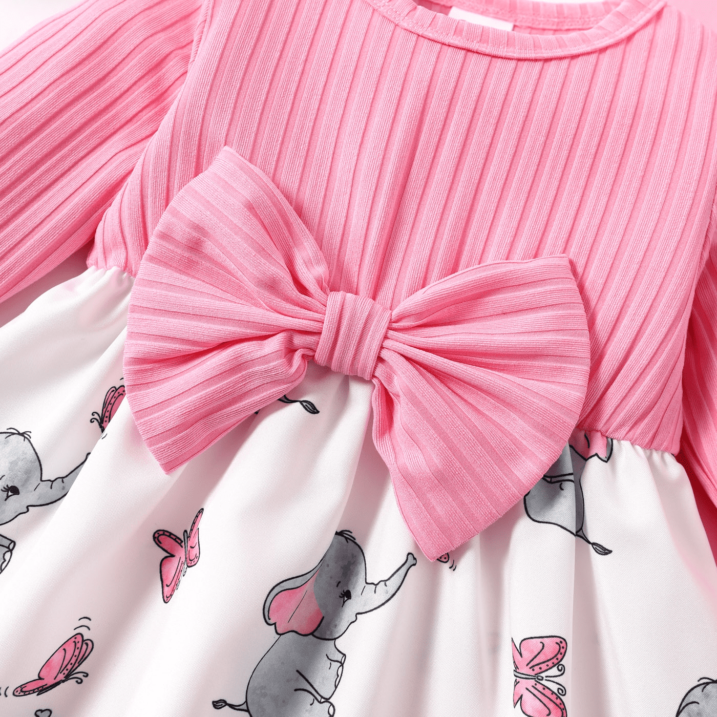 PatPat Baby Girl Pink Ribbed Bowknot Long-sleeve Splicing Cartoon Elephant Print Dress
