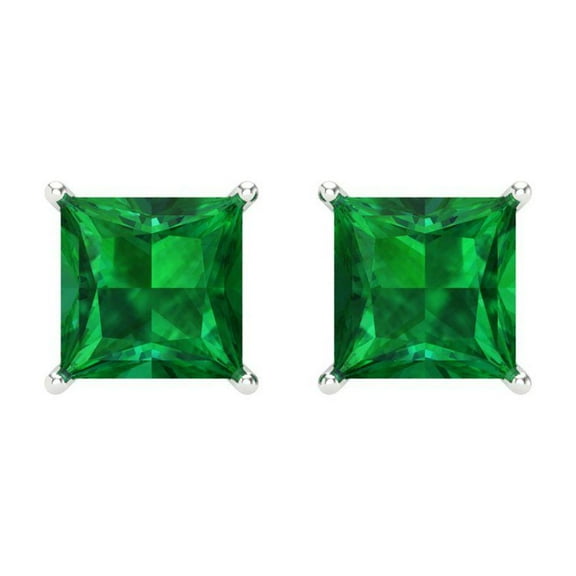 4 ct Screw-Back Stud Earrings for Women | 7.0mm Princess Cut Simulated Emerald | 18K White Gold