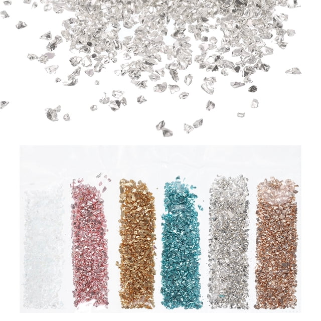 Uxcell 6Pcs Chips de Vidrio Triturado de Alto Brillo, Chips de Vidrio Irregulares para Arte de Uñas, 1.06 oz de Transparencia, Oro Rosa, Plata, Azul Lago, Naranja, Oro