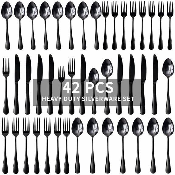 Kikcoin 42 Pcs Silverware Set for 8, Stainless Steel Flatware Set, Mirror-Polished Spoons, Forks and Knife Set, Cutlery Utensils Set for Kitchen, Wedding and Restaurant, Black