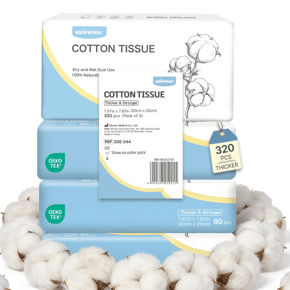 Winner Biodegradable Face Towels, OEKO-TEX Certified 100% Cotton Tissues for Sensitive Skin, Makeup Remover Disposable Dry Wipes, Unscented Face Towelettes, 4 Pack (320 Count)