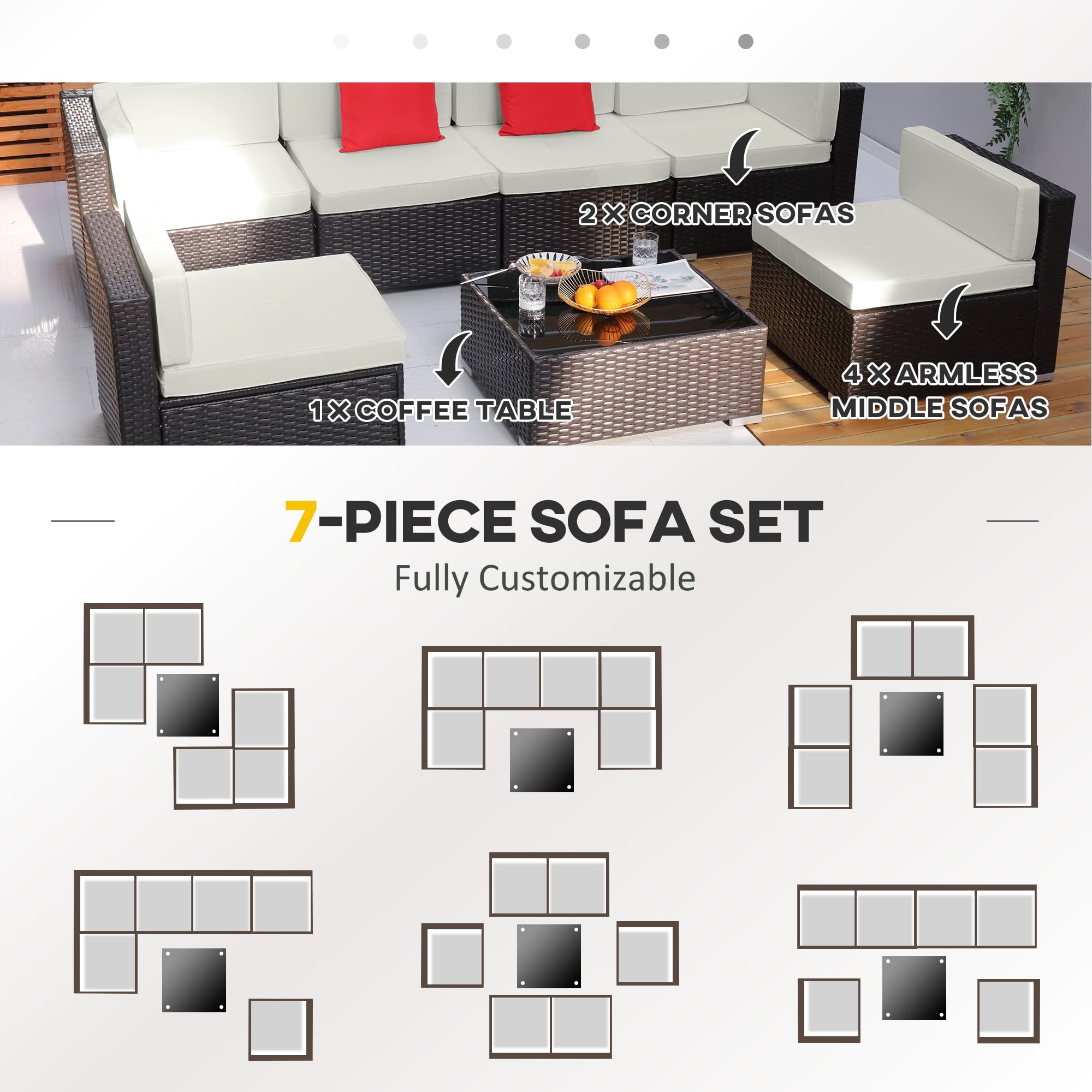 Outsunny 7 Piece Outdoor Patio Furniture Set, PE Rattan Wicker Sectional Sofa Set with Couch Cushions, Pillows, Coffee Table, Cream White