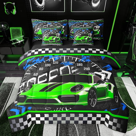 jejeloiu Speed Sport Car 7-Piece Twin Bedding Sets,Extreme Racing Game Bedding Comforter Set,Black White Green Sheet Sets For Kids,Microfiber Bedroom Decor Reversible