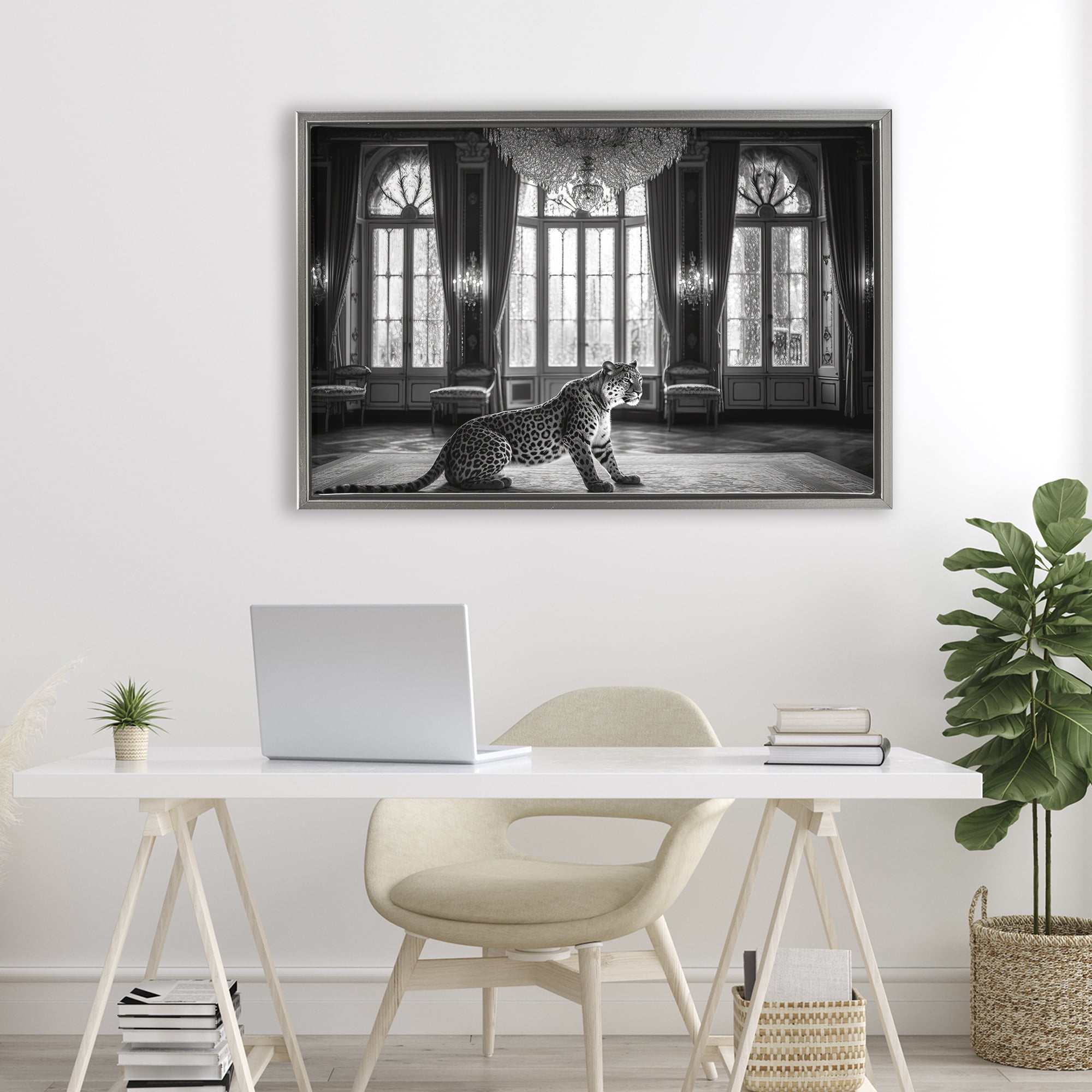 Snow Leopard in Opulent Mansion Gray Framed Floater Canvas Wall Art, design by Decent Exposures