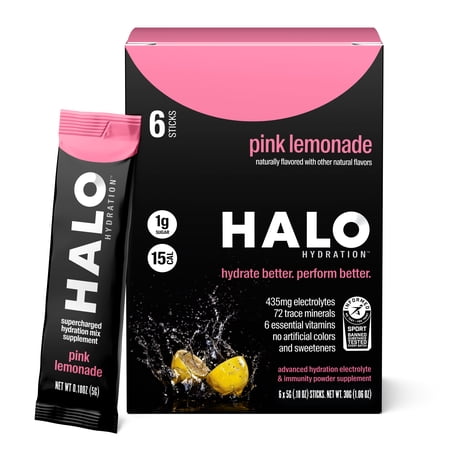 Halo Hydration On-the-Go Electrolyte Powder Drink Mix, Pink Lemonade, 6 Count
