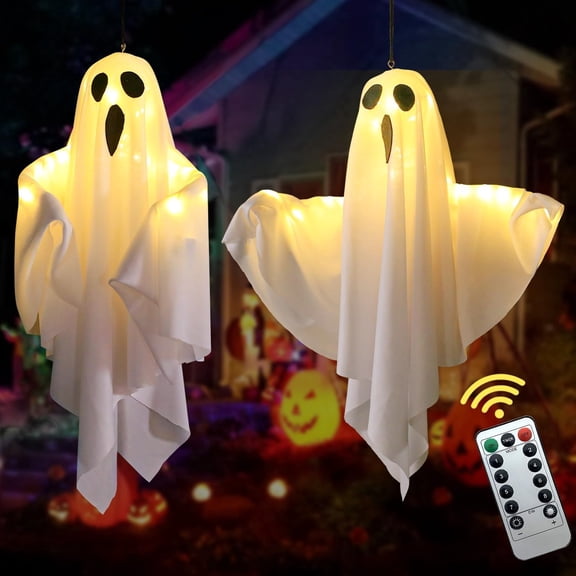 Halloween Hanging Ghost Lights with Remote Control - Floating Ghost Decorations with Timer, 8 Lighting Modes, Battery Operated for Scary Halloween Decor Indoor Outdoor (2-Pack)