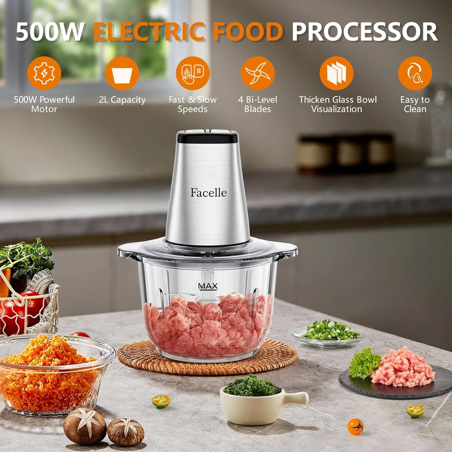 Meat Grinder 8-Cup Food Chopper Electric Vegetable Chopper 500W With 2L Glass Bowl & 4  Blades for Meat/Vegetable/Fruit/Nut/Baby Food
