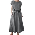 thumbnail image 2 of Dresses Plus Size Solid Color Loose Bohemian Short Sleeve Round Neck Linen Belt Maxi Dress Plus Size Maxi Dress Grey S, 2 of 6